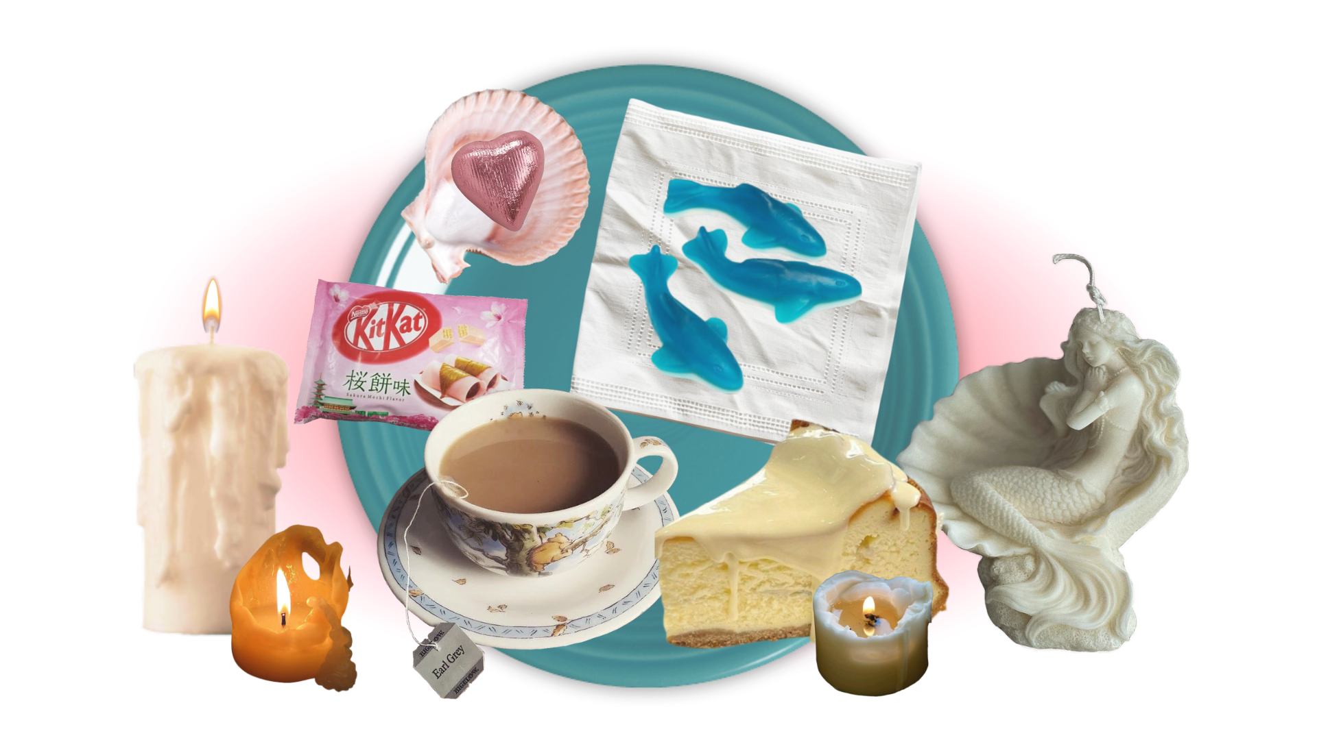 an image of a plate with various pngs of items on it, surrounded by candles. it has ocean, teal, pink, and white  themes